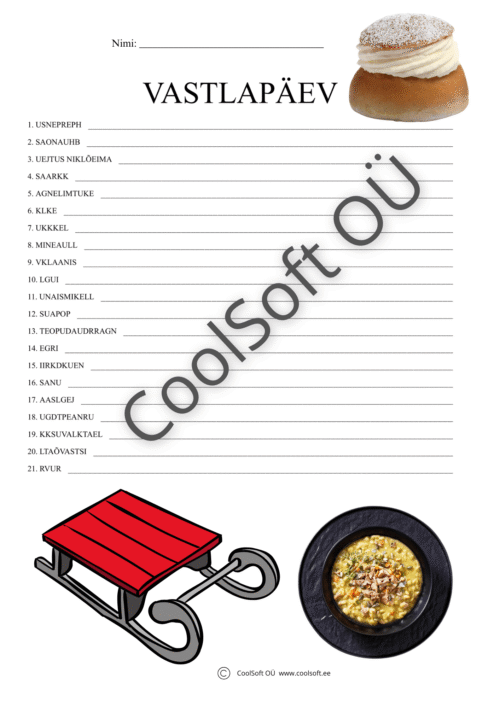 Vastlapäeva teemaline tööleht, kus lapsed moodustavad segamini tähtedest vastlapäevaga seotud sõnu.