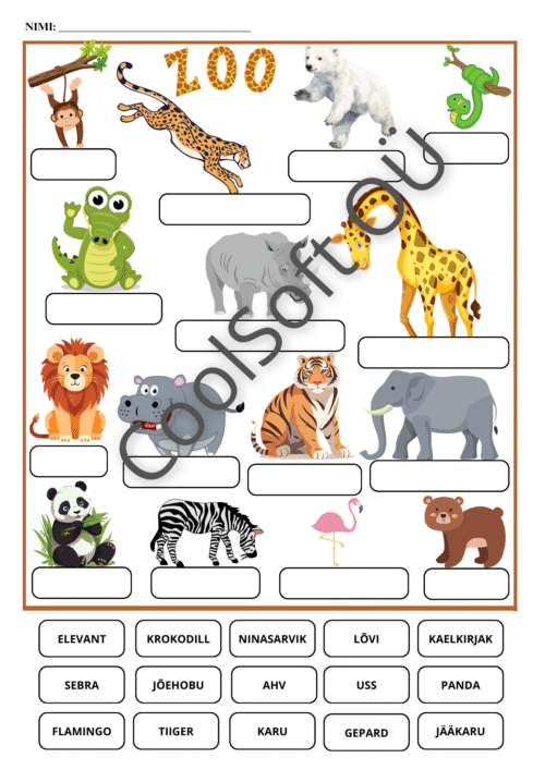 Zoo teemaline tööleht loomade nimetuste õppimiseks eesti keeles