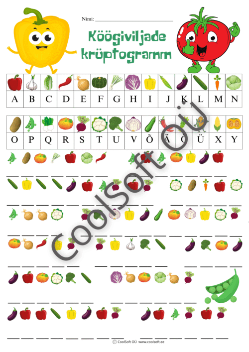 Köögiviljade krüptogrammi tööleht, kus laps lahendab piltidest ja tähtedest koosnevaid salakirju.