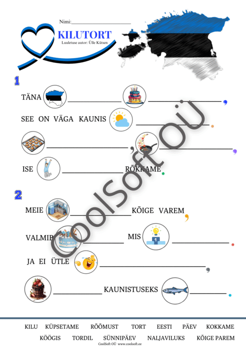 Kilutordi teemaline tööleht, kus laps kirjutab luuletuse põhjal õiged sõnad piltide abil sobivatesse kohtadesse.
