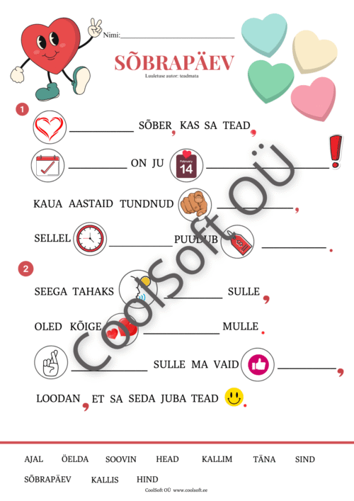 Sõbrapäeva tööleht lastele, kus luuletust täiendatakse piltide ja sõnalisti abil