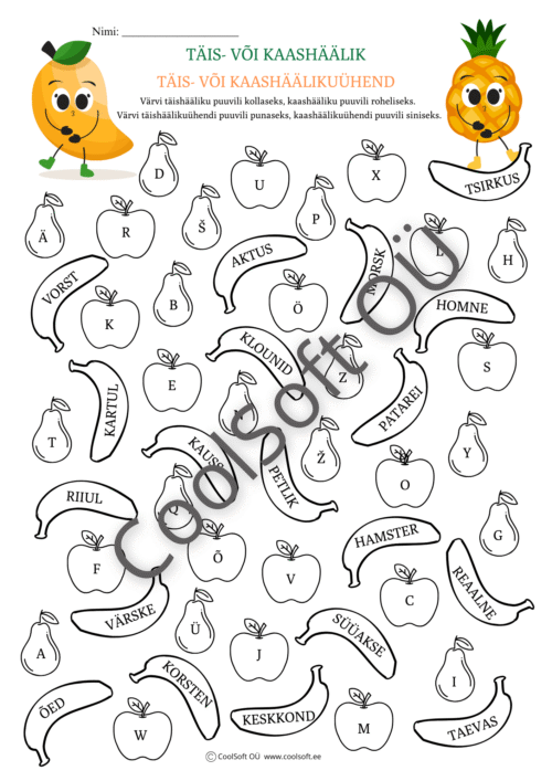 Täis- ja kaashäälikute tööleht, kus lapsed värvivad puuvilju vastavalt häälikutele