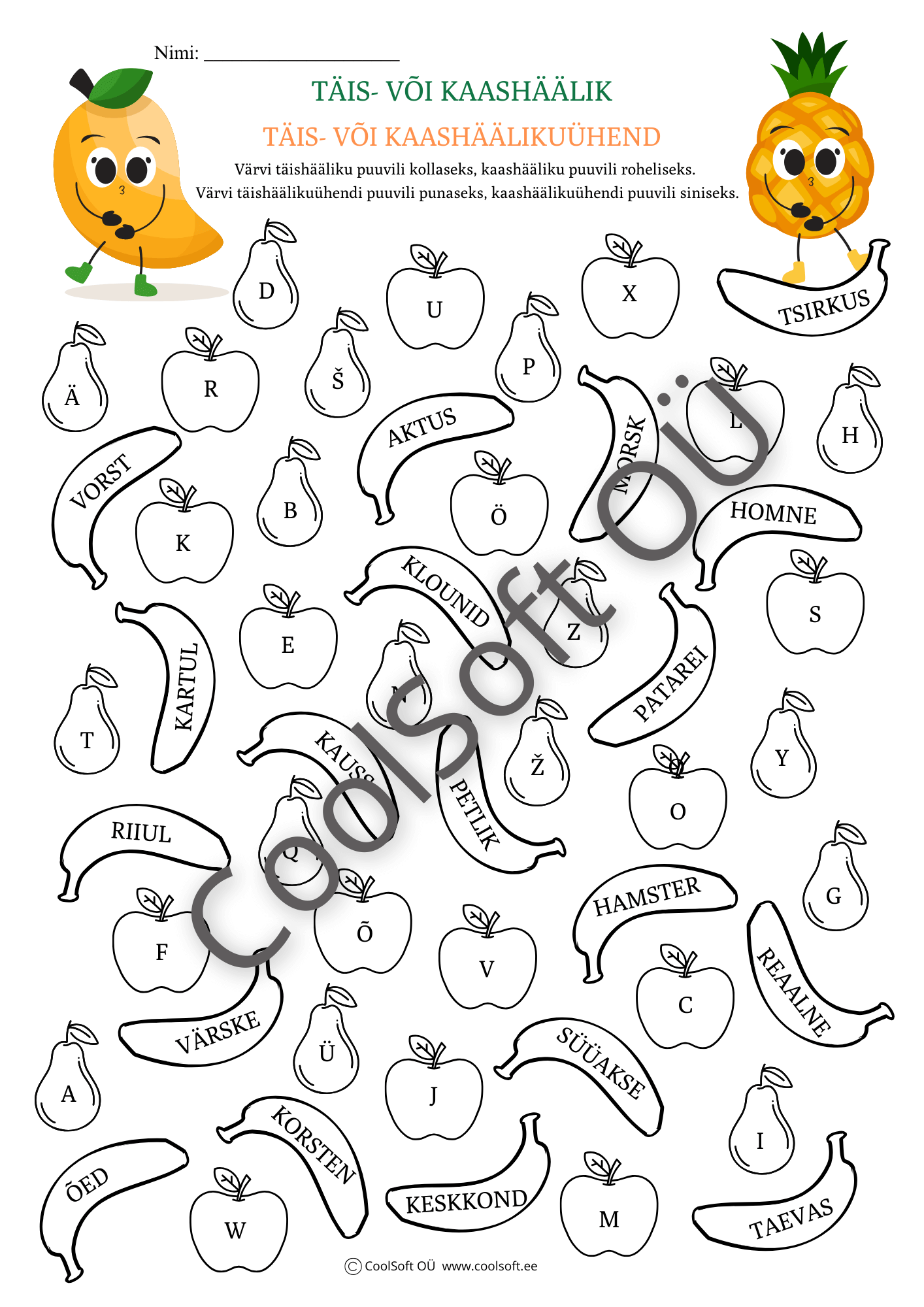 Tais-voi-kaashaalik-–-varvimisulesanne-eesti-keele-oppimiseks Täis- ja kaashäälikute tööleht, kus lapsed värvivad puuvilju vastavalt häälikutele