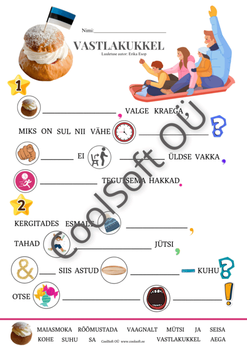 Vastlapäevateemaline tööleht luuletusega Vastlakukkel, kus laps täidab puuduvaid sõnu piltide ja sõnalisti abil