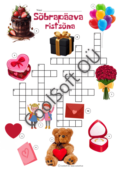 Sõbrapäeva teemaline ristsõna lastele, kus laps lahendab ristsõna sõbrapäevaga seotud piltide ja sõnade abil.