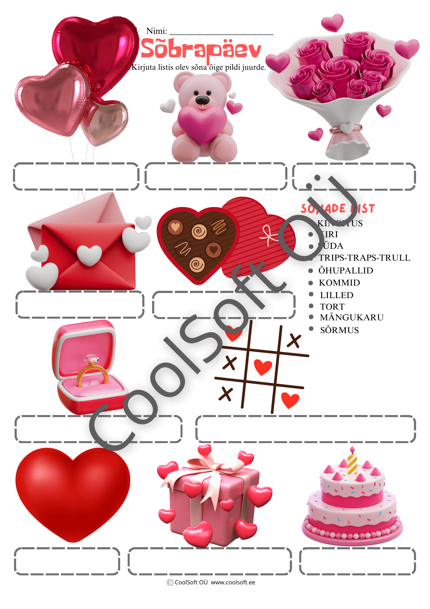 sobrapaeva-tooleht-tuvasta-pildid-ja-kirjuta-oiged-sonad Sõbrapäeva teemaline tööleht, kus laps kirjutab sõnade loendist õiged nimetused vastavate piltide alla.