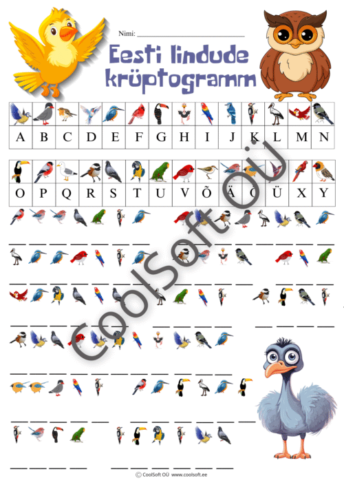Eesti lindude krüptogrammi tööleht piltide ja tähtede vastavusega.