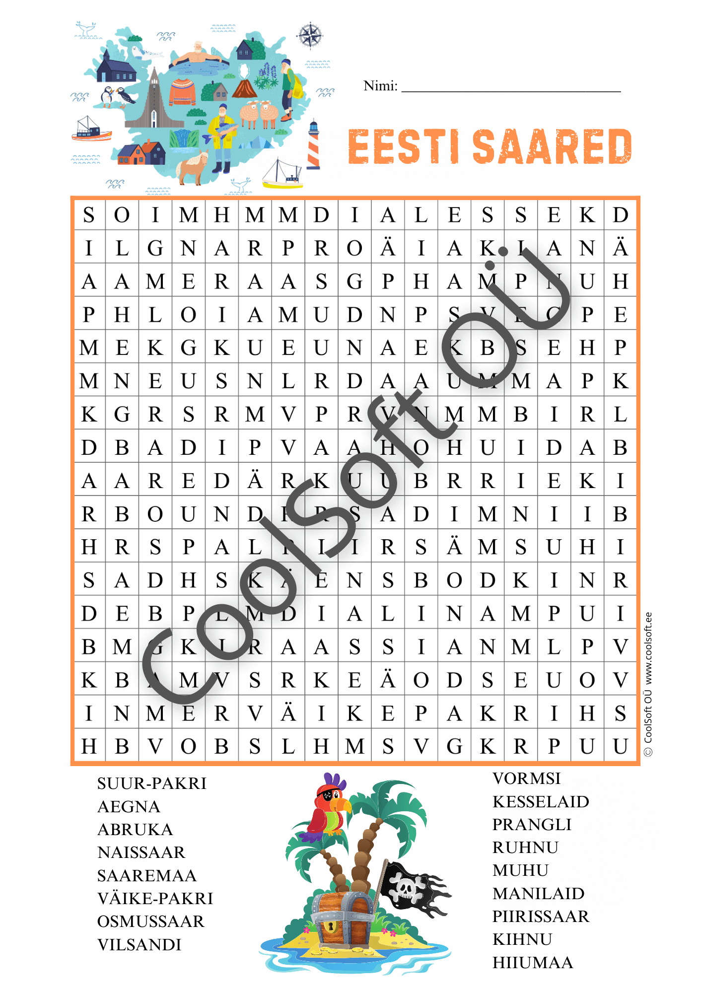 eesti-saared Eesti saarte sõnaotsingu tööleht saarte nimede leidmiseks.