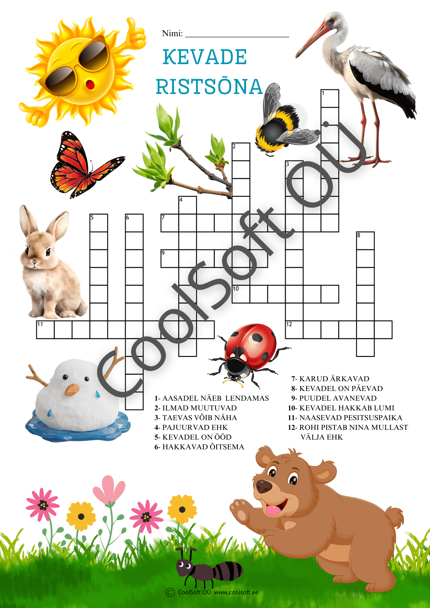kevade-ristsona Kevade ristsõna tööleht laste jaoks, kus kevadet kirjeldavad väited tuleb täita ristsõnasse.