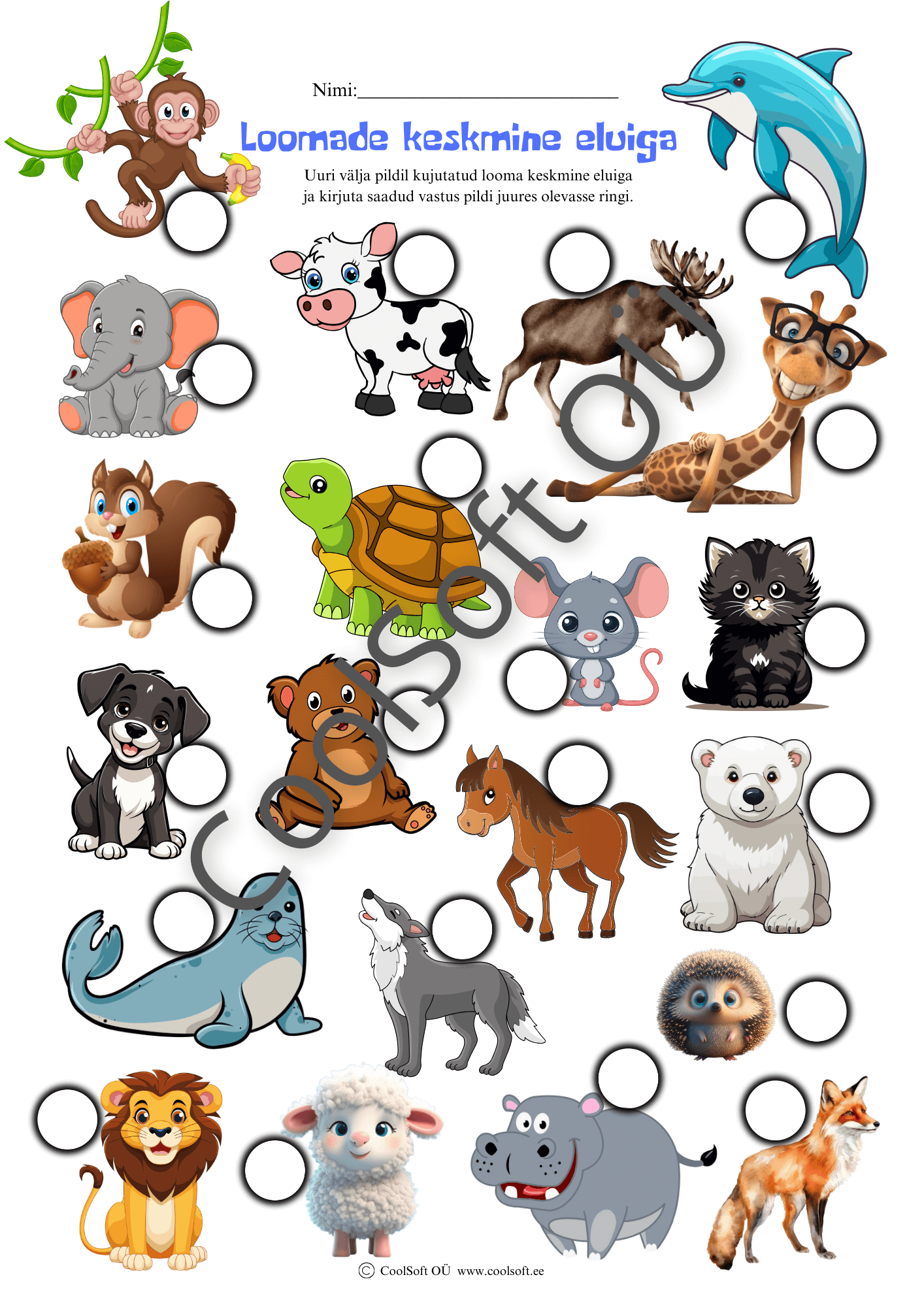 loomade-keskmine-eluiga Loomade keskmise eluea tööleht illustratsioonidega, kus laps kirjutab iga looma juurde tema keskmise eluea.