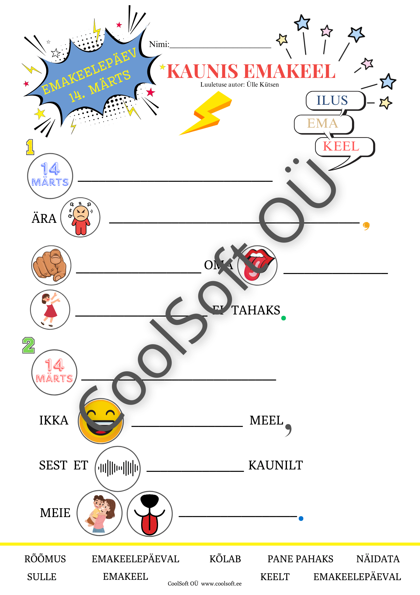 luuletus-kaunis-emakeel Emakeelepäeva tööleht Kaunis emakeel, kus laps täidab luuletuses puuduvaid sõnu piltide järgi.