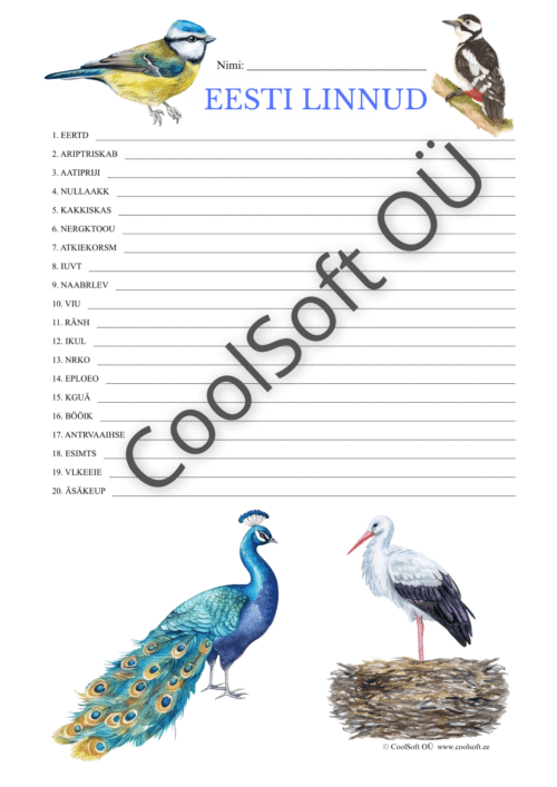 Eesti lindude tööleht segatud tähtedega, kus tuleb moodustada õiged linnu nimetused.