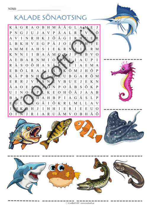 Tööleht „Kalade sõnaotsing“ – lastele mõeldud harjutus, kus tuleb leida sõnarägastikust erinevate kalade nimetused kalade piltide alusel, näiteks hai, angerjas ja ahven. 🐟
