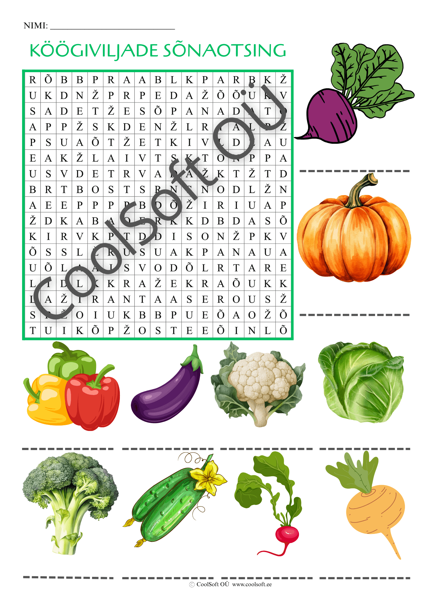 koogiviljade-sonaotsing Köögiviljade sõnaotsingu tööleht, kus laps peab leidma täherägastikust piltidel kujutatud köögiviljade nimetused.