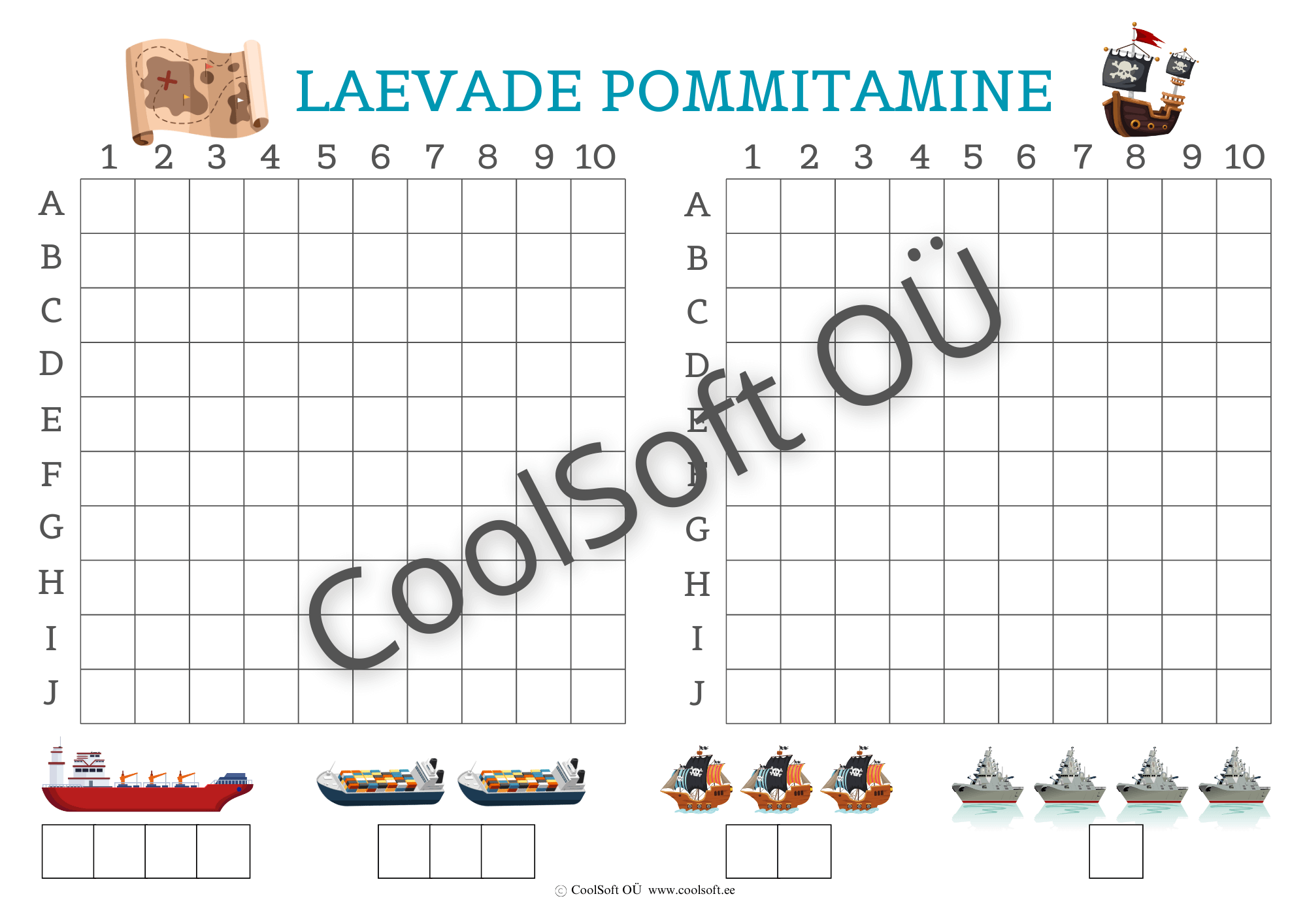 laevade-pommitamine Laevade pommitamise tööleht kahele mängijale, ruudustikud koordinaatidega ja erinevad laevade illustratsioonid.