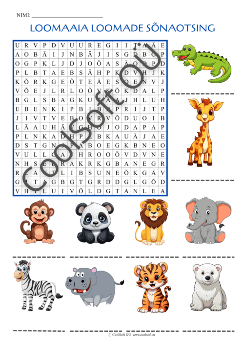 Loomaaia loomade sõnaotsingu tööleht, kus laps otsib täherägastikust piltidel kujutatud loomad.