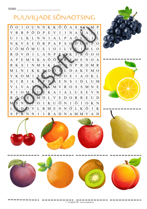 Puuviljade sõnaotsingu tööleht, millel laps peab leidma täherägastikust erinevate puuviljade nimetused vastavalt piltidele.