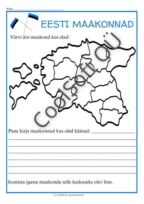 Tööleht „Eesti maakonnad“ – värvitav Eesti kaart, kus lapsed märgivad oma kodumaakonna ja joonistavad iga maakonna keskuse linna. 🇪🇪🗺️