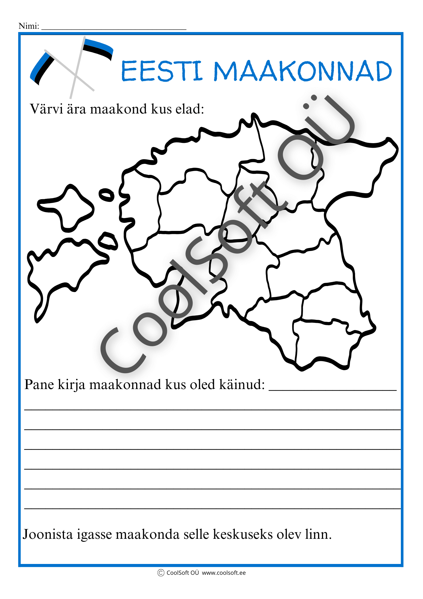 eesti-maakonnad Tööleht „Eesti maakonnad“ – värvitav Eesti kaart, kus lapsed märgivad oma kodumaakonna ja joonistavad iga maakonna keskuse linna. 🇪🇪🗺️