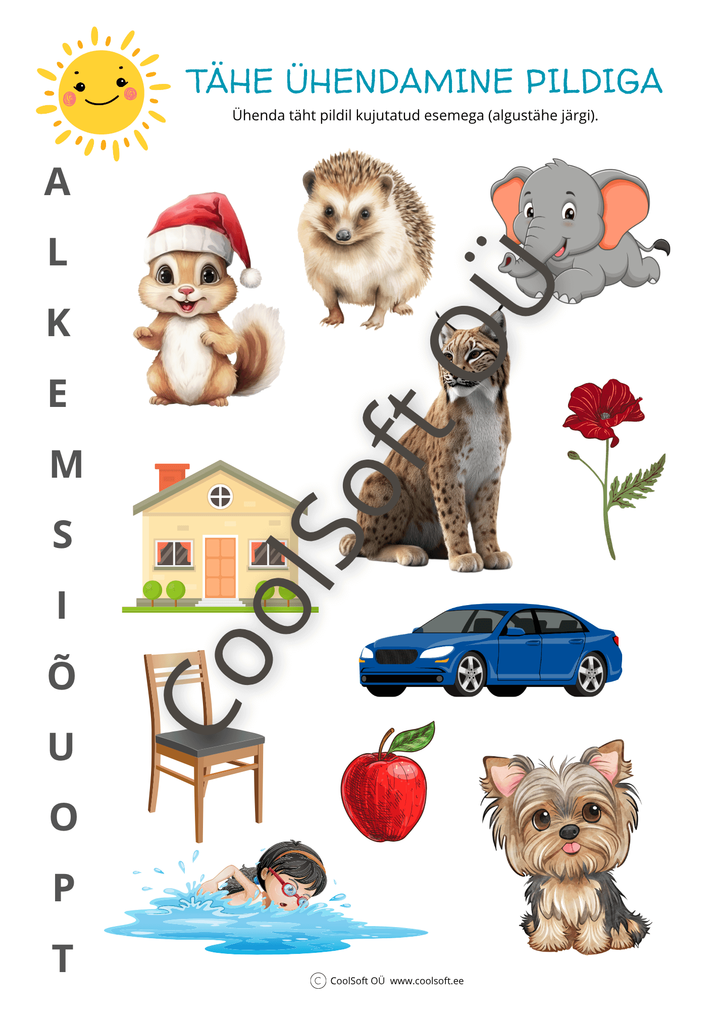 tahe-uhendamine-pildiga Tööleht „Tähe ühendamine pildiga“, kus lapsed seovad tähe õigel pildil kujutatud esemega – näiteks koer, õun, maja, auto ja lill. ✏️🦒