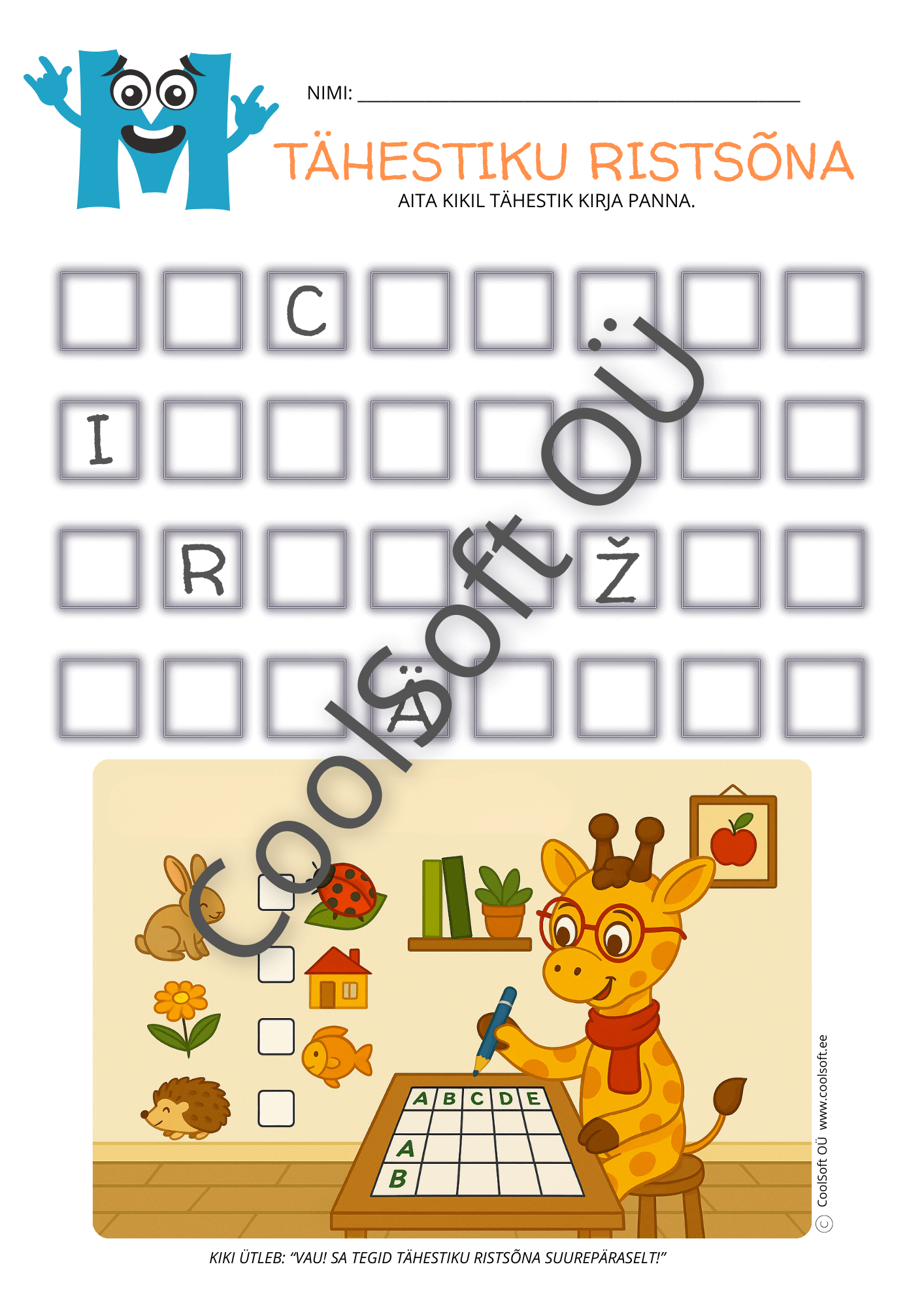 tahestiku-ristsona Kaelkirjak Kiki täidab lõbusat tähestiku ristsõna, kus lapsed õpivad tähti ja panevad need õigesse järjekorda. 🦒🔠