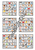 Lõbus loomade bingo tööleht laste jaoks, kus piltidel on erinevad loomad – näiteks jänes, lõvi, koer, karu, elevant, pingviin ja paljud teised. Sobib õppemänguks ja sõnavara harjutamiseks. 🐶🦁🐰🐧