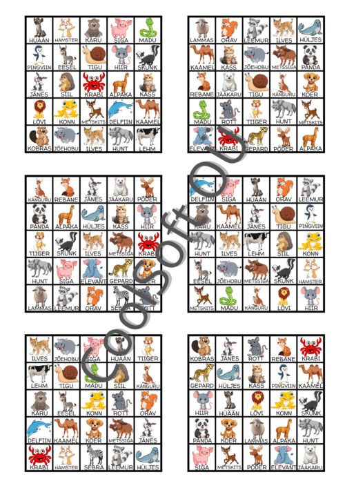 Lõbus loomade bingo tööleht, kus piltidel on erinevad loomad – näiteks jänes, lõvi, koer, karu, elevant ja pingviin. Mänguline õppematerjal lastele.