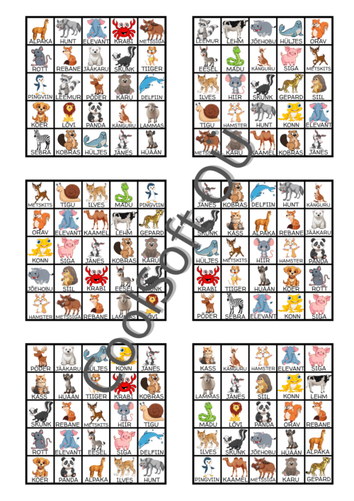 Lõbus loomade bingo tööleht, kus piltidel on erinevad loomad – näiteks jänes, lõvi, koer, karu, elevant ja pingviin. Mänguline õppematerjal lastele.