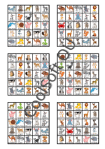 Lõbus loomade bingo tööleht, kus piltidel on erinevad loomad – näiteks jänes, lõvi, koer, karu, elevant ja pingviin. Mänguline õppematerjal lastele.