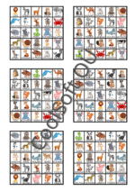 Lõbus loomade bingo tööleht, kus piltidel on erinevad loomad – näiteks jänes, lõvi, koer, karu, elevant ja pingviin. Mänguline õppematerjal lastele.