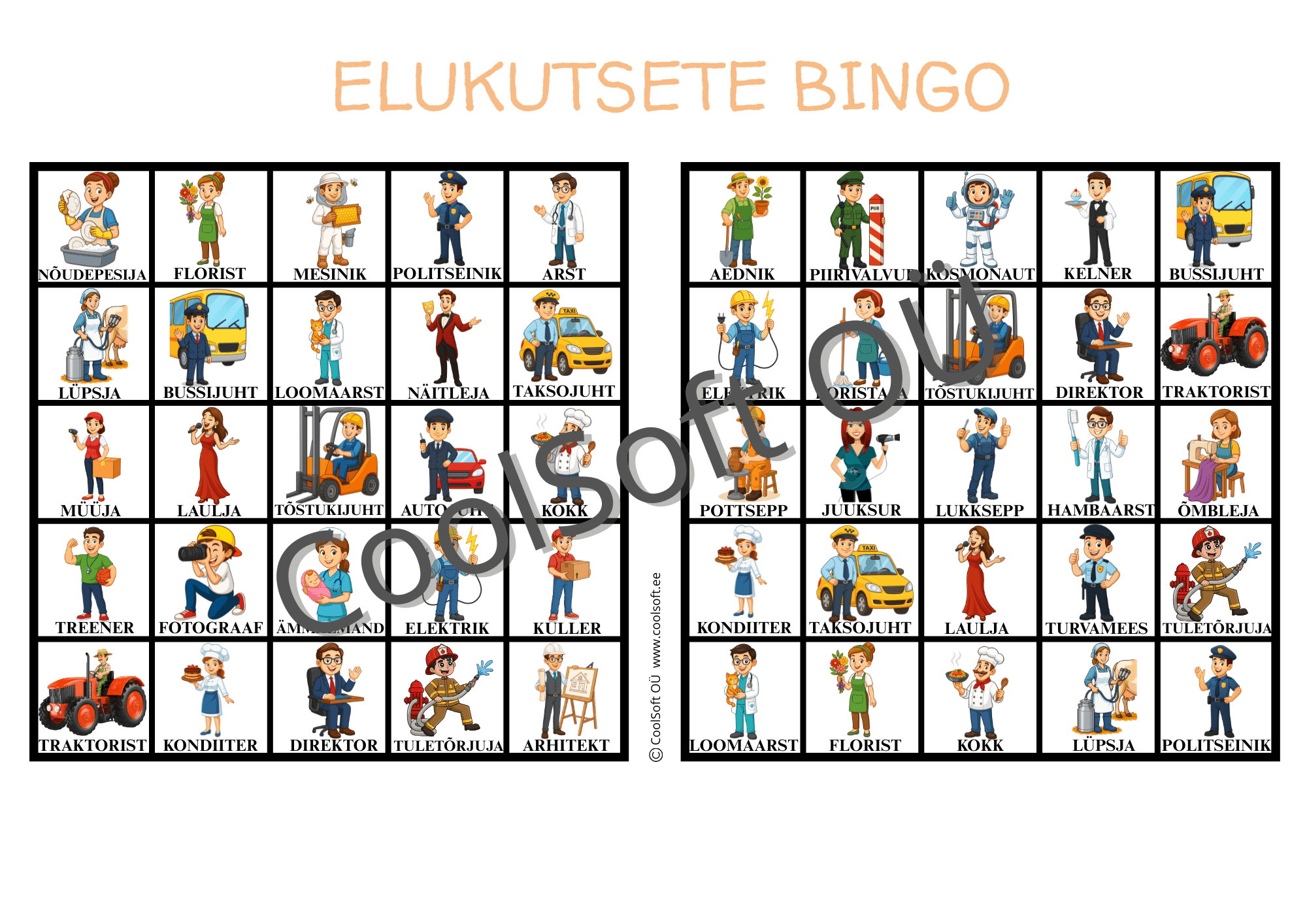 elukutsete-bingo-too_leht-lastele-19 Elukutsete bingo – värviline õppemäng, kus lapsed peavad vihjete põhjal leidma oma bingokaardilt õige elukutse esindaja, näiteks õpetaja, arst või tuletõrjuja. 🎓