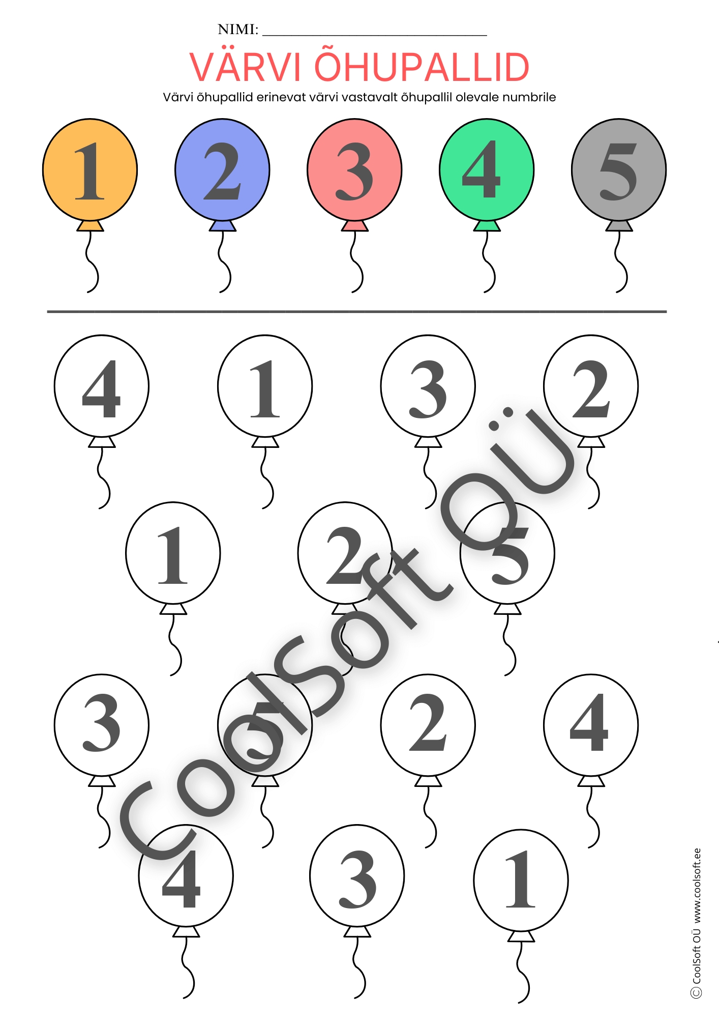 TL nr 272- värvi õhupallid Värvimistööleht õhupallidega, mida laps värvib vastavalt numbrile