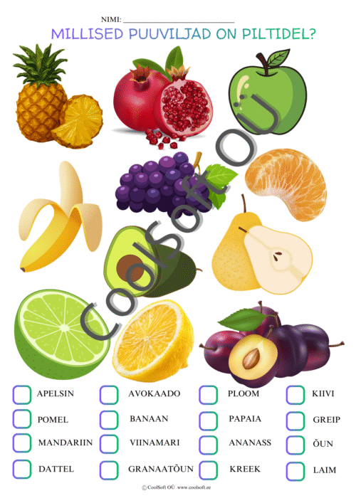 Erinevate puuviljade piltidega tööleht, kus laps peab märkima piltidel olevate puuviljade õiged nimed.