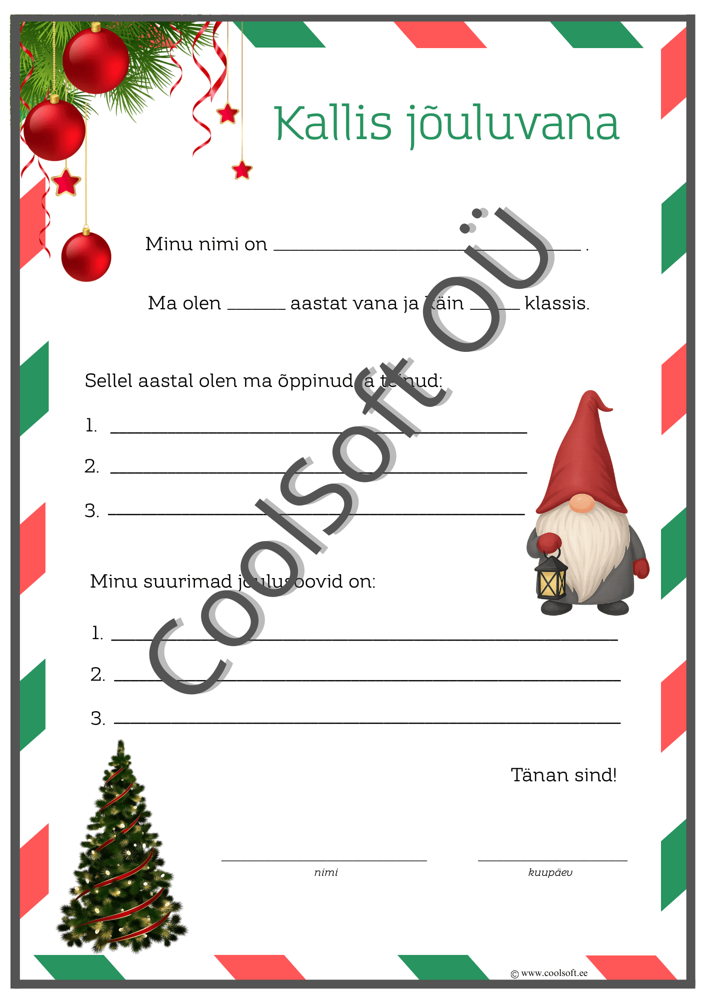 kiri jouluvanale Tööleht “Kallis jõuluvana”, kuhu laps saab kirjutada oma nime, vanuse, saavutused ja jõulusoovid.