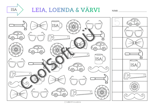 Tööleht “Leia, loenda ja värvi – ISA”, kus lapsed otsivad ja värvivad autosid, saage, tasse, kikilipse ja muid isaga seotud esemeid. 👨‍🔧🎨