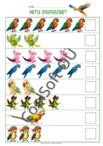 Töölehed „Loenda lemmikloomi“ – lastele mõeldud komplekt, kus tuleb loendada, mitu koera, kassi, papagoid, jänest ja kilpkonna on reas ning saadud vastus kirjuta iga rea lõpus olevasse kasti. 🐕🐈🐇🐢🐦