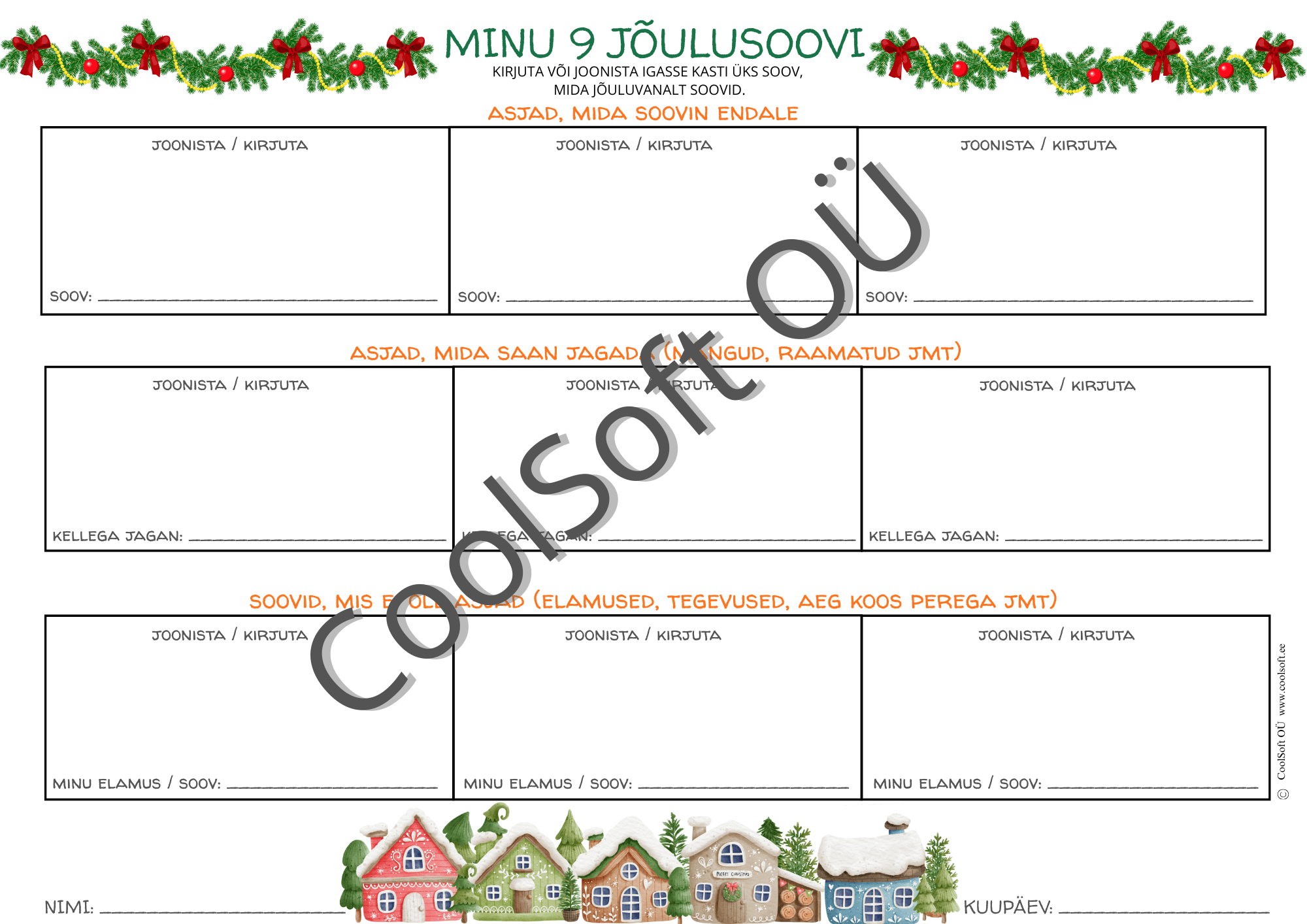 minu 9 joulusoovi Jõuluteemaline tööleht “Minu 9 jõulusoovi”, kus laps saab kirjutada ja joonistada oma soovid endale, jagamiseks ja elamusteks.