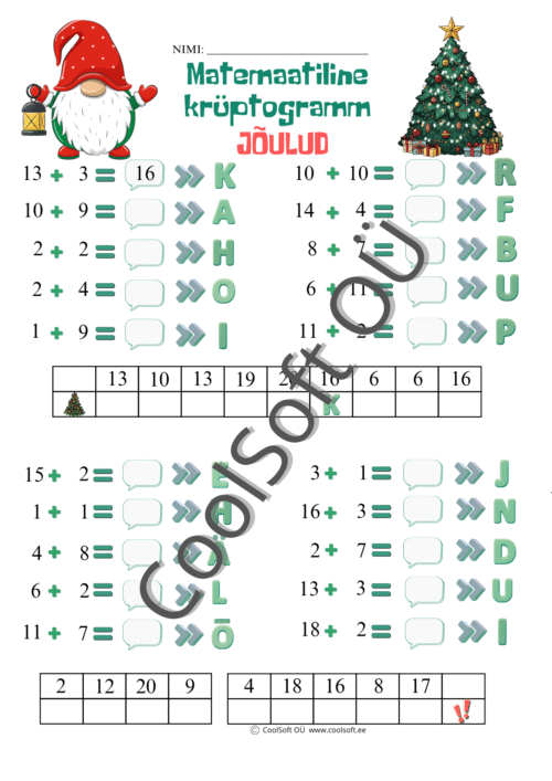 Matemaatiline krüptogramm jõuluteemal, kus laps lahendab liitmistehteid 20 piires ja leiab peidetud jõulusõnu