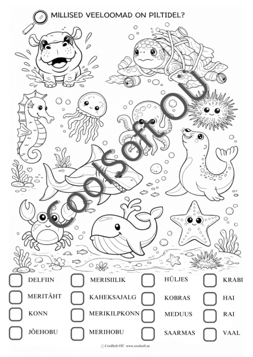 Värvitav tööleht veeloomadega, kus laps tuvastab ja märgib piltidel olevad veeloomad ning õpib ka keskkonnahoiu tähtsust.
