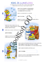 Talvine tööleht Kiki ja lumeloss – loe tekst, lahenda arvutused ja värvi pilt vastuste järgi