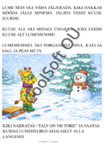 Kiki seisab talvises metsas kelguga ja leiab kuuse alt lumememme – illustratsioon töölehest „Kiki ja lumine leid”.