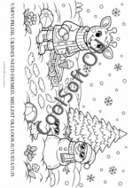 Kiki seisab talvises metsas kelguga ja leiab kuuse alt lumememme – illustratsioon töölehest „Kiki ja lumine leid”.