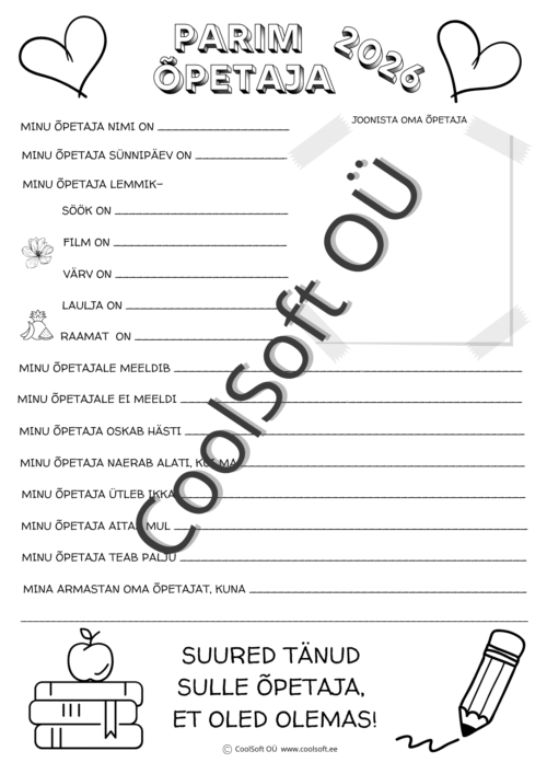 Parim õpetaja 2026 tööleht, kus laps kirjutab oma õpetajast ja joonistab pildi.