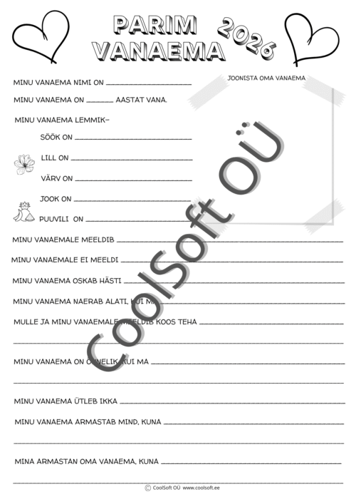 Kaheosaline tööleht „Parim vanaisa 2026” ja „Parim vanaema 2026”, kus laps kirjutab ja joonistab oma vanavanematest