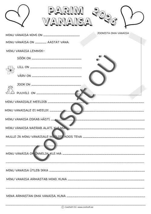 Kaheosaline tööleht „Parim vanaisa 2026” ja „Parim vanaema 2026”, kus laps kirjutab ja joonistab oma vanavanematest