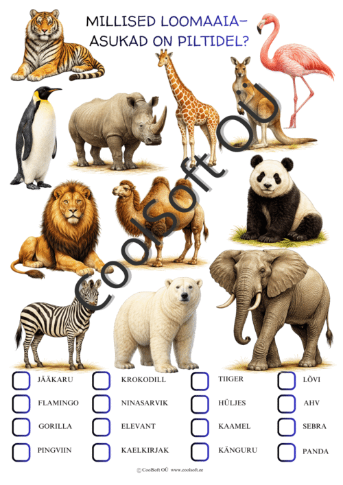 Loomaiaasukad piltidel – õpetlik tööleht lastele loomade tundmaõppimiseks