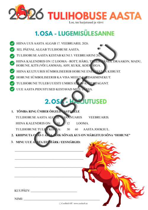 2026 tulihobuse aasta tööleht lastele koos lugemisülesande, harjutuste ja hobuse värvimispildiga