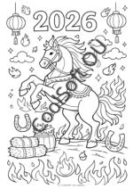 2026 tulihobuse aasta tööleht lastele koos lugemisülesande, harjutuste ja hobuse värvimispildiga