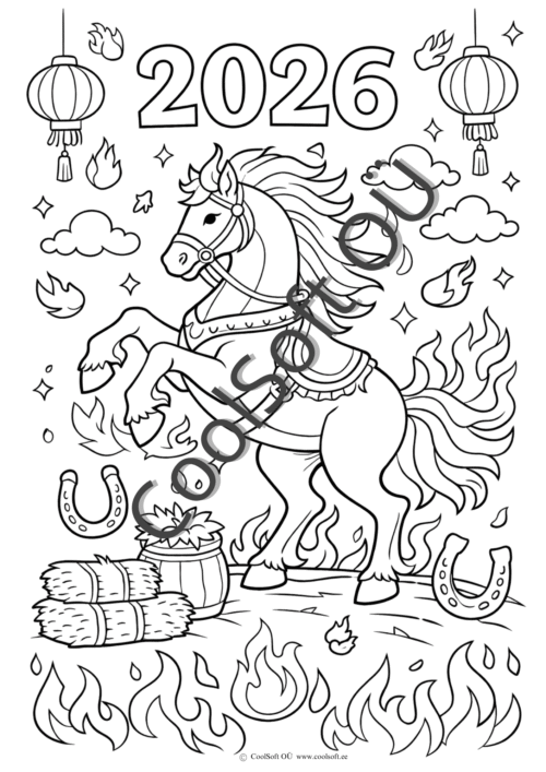 2026 tulihobuse aasta tööleht lastele koos lugemisülesande, harjutuste ja hobuse värvimispildiga