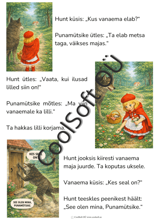 Punamütsikese muinasjutu illustratsioonid ja jutustamispildid lastele